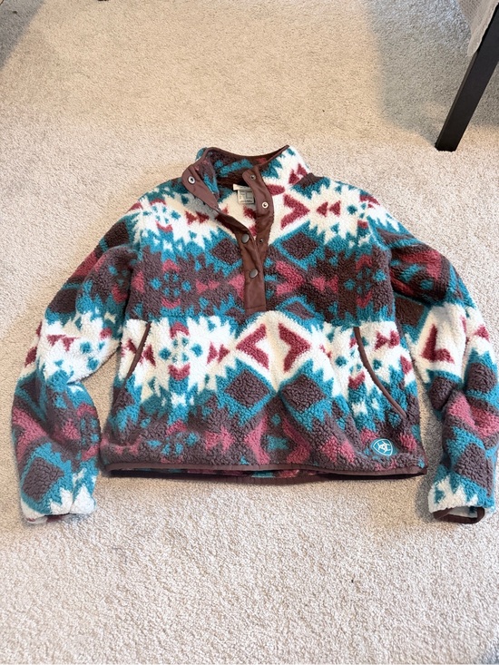 Ariat Sweaters - Ariat Cozy Aztec Print Fleece Pullover Sweater - Teal, pink & white